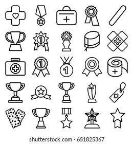 First icons set. set of 25 first outline icons such as award, trophy, medical cross tag, bandage, nurse hat, medal, star trophy, number 1 medal