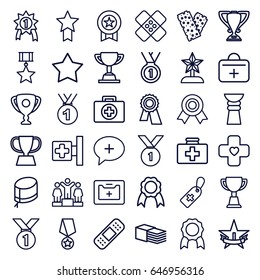 First icons set. set of 36 first outline icons such as star, award, ranking, trophy, medical cross, medical cross tag, bandage, medical kit, nurse hat, ribbon, medal