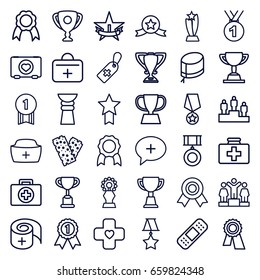 First icons set. set of 36 first outline icons such as award, ranking, trophy, case with heart, medical cross tag, bandage, nurse hat, medical cross, ribbon, medal