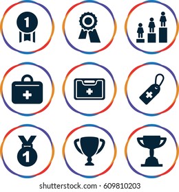 First icons set. set of 9 first filled icons such as award, ranking, medical cross tag, medical kit, first aid kit, trophy, number 1 medal