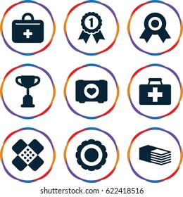 First icons set. set of 9 first filled icons such as case with heart, first aid kit, bandage, award, number 1 medal, trophy