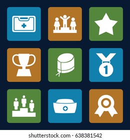 First icons set. set of 9 first filled icons such as star, ranking, medical kit, nurse hat, trophy