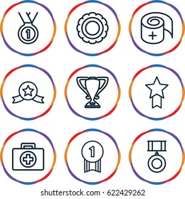 First icons set. set of 9 first outline icons such as bandage, medal, trophy, number 1 medal, medal with star, first aid