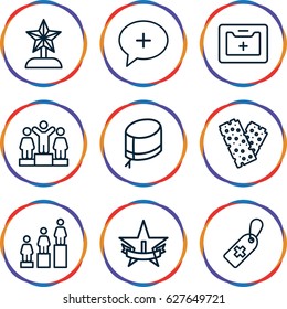 First icons set. set of 9 first outline icons such as ranking, medical cross tag, bandage, medical kit, nurse hat, medical cross, 1st place star