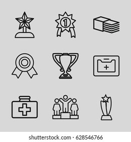 First icons set. set of 9 first outline icons such as ranking, first aid kit, bandage, medical kit, trophy, star trophy, number 1 medal