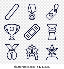 First icons set. set of 9 first outline icons such as medical cross tag, bandage, trophy, star trophy, number 1 medal, medal with star