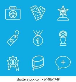 First icons set. set of 9 first outline icons such as medical cross tag, bandage, nurse hat, medical cross, medal, trophy, star trophy, number 1 medal