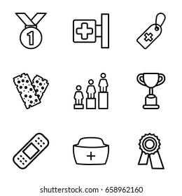 First icons set. set of 9 first outline icons such as award, ranking, medical cross, medical cross tag, bandage, nurse hat, trophy