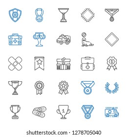 first icons set. Collection of first with ambulance, medal, trophy, band aid, laurel, badges, first aid kit, pharmacy, banner, patch, seal. Editable and scalable first icons.