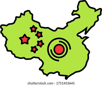First identified area Wuhan, Hubei, China Map on white background, covid-19 affected spread source vector color icon design, coronavirus disease 2019-nCoV outbreak location concept, 