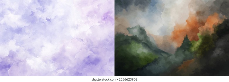 The first image is a blurry, purple background with a few trees in the foreground. The second image is a more detailed painting of a mountain range with trees and a cloudy sky