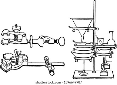 The first image is of clamps used in chemistry labs to hold test tubes and other apparatuses, vintage line drawing or engraving illustration.