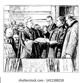 First inaguration of William McKinley in 1897 as 25th president vintage line drawing.