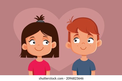 
First Innocent Love Crush Vector Cartoon Illustration. Funny Boy And Girl Celebration Valentine’s Day 
