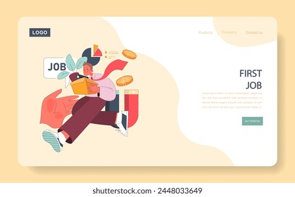 First Job concept. Excited young man with a box of belongings, propelled by a financial growth chart. Embarking on a new career adventure. Flat vector illustration.
