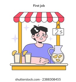 First job. Guy make and sell citrus fresh lemonade making money. Teenager years life milestones. Teen boy getting old and gain new experience. Flat vector illustration