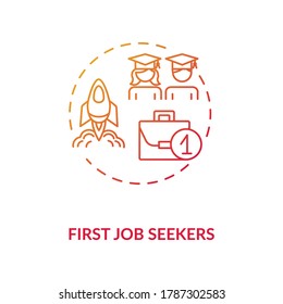 Icono de concepto de degradado rojo para los primeros buscadores de trabajo. Problema de desempleo para jóvenes especialistas. Búsqueda de graduados para ilustración de línea delgada de idea de trabajo. Dibujo de color RGB con contorno aislado de vectores