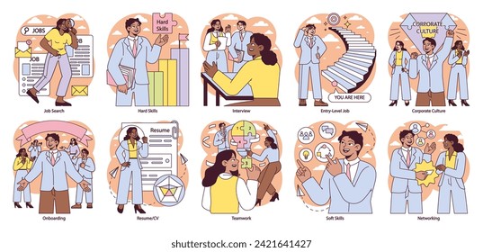 First Job set. Career start and workplace integration process. Job search, interview techniques, and corporate culture. Networking, teamwork, and skill development illustrated. Vector illustration.