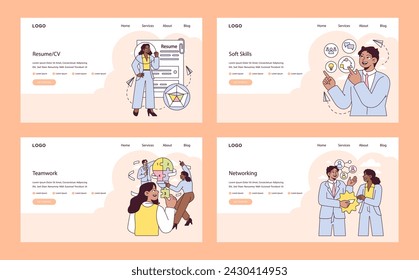 First Job set. Highlighting resume development, soft skill significance, effective teamwork, and the art of networking. Start your career journey here. Vector illustration.