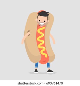 First job. Young character wearing a hot dog costume / flat editable vector illustration, clip art