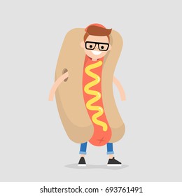 First Job. Young Character Wearing A Hot Dog Costume / Flat Editable Vector Illustration, Clip Art