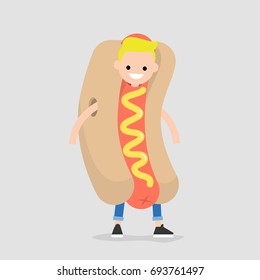 First job. Young character wearing a hot dog costume / flat editable vector illustration, clip art