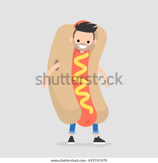 First job. Young character\
wearing a hot dog costume / flat editable vector illustration, clip\
art