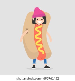 First job. Young female character wearing a hot dog costume / flat editable vector illustration, clip art