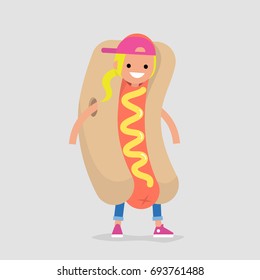 First Job. Young Female Character Wearing A Hot Dog Costume / Flat Editable Vector Illustration, Clip Art