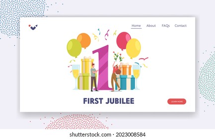 First Jubilee Landing Page Template. Young Man and Woman Anniversary Party Celebration. Loving Couple Characters Celebrate One Year Together with Presents around. Cartoon People Vector Illustration svg