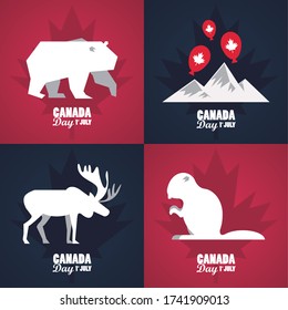 first july canada day celebration poster with mountains and animals vector illustration design