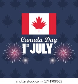first july canada day celebration poster with flag and fireworks vector illustration design