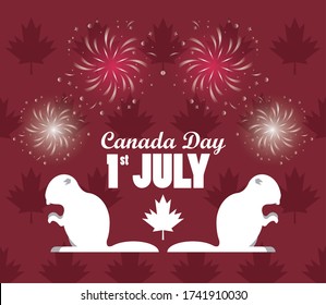 first july canada day celebration poster with beavers vector illustration design