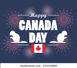 First July Canada day celebration poster with beavers vector illustration design