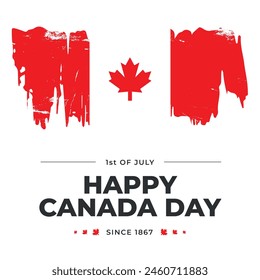 First of July Canada day celebration poster with Canadian flag, red maple leaf. Square social media post design template. Simple trendy minimalistic style, brush stroke. White background, red leaf