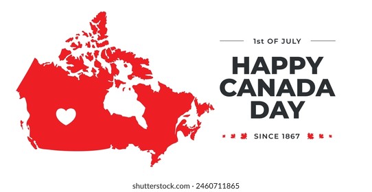 First of July, Canada Day. Long horizontal greeting banner with red map for Canada day celebration. Minimalistic trendy simple illustration. Background Design for card, holiday banner, flyer, poster