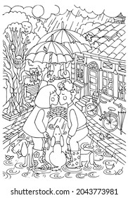 First kiss of girl and boy under an umbrella during the rain. Coloring book, colouring page for kids, adult. Sketch vector illustration.
