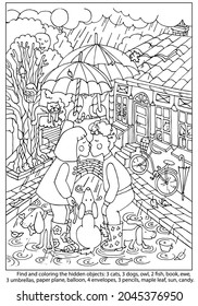 First kiss of girl and boy under an umbrella during the rain. Find and colored hidden objects in page. For kids, adult. Sketch vector illustration.