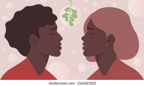 The first kiss. A man and a woman kiss under the mistletoe at a Christmas party. Flat vector illustration