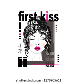 First Kiss. Typography slogan vector print with girl 3D lip illustration. For t-shirt or other uses, T-shirt graphics, textile graphic