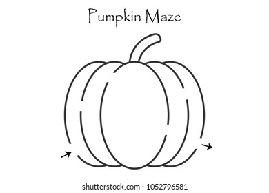 First labyrinth game, find a way out of the maze, easy level for toddlers, cartoon pumpkin, preschool worksheet activity for kids, task for the development of logical thinking, vector illustration