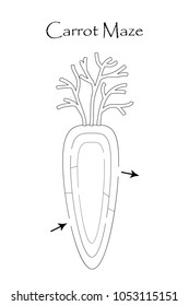 First labyrinth game, find a way out of the maze, easy level for toddlers, cartoon carrot, preschool worksheet activity for kids, task for the development of logical thinking, vector illustration