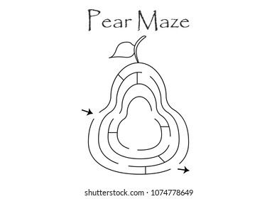 First labyrinth game, find a way out of the maze, easy level for toddlers, cartoon pear, preschool worksheet activity for kids, task for the development of logical thinking, vector illustration