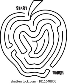 First labyrinth game, find a way out of the maze, easy level for toddlers, cartoon apple, preschool worksheet activity for kids