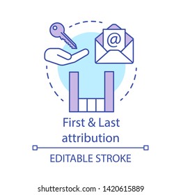 First and Last attribution concept icon. Attribution modeling types idea thin line illustration. Digital marketing channel. Conversion model. Vector isolated outline drawing. Editable stroke