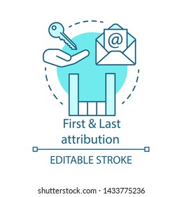 First and last attribution turquoise concept icon. Attribution modeling types idea thin line illustration. Digital marketing channel. Conversion model. Vector isolated outline drawing. Editable stroke