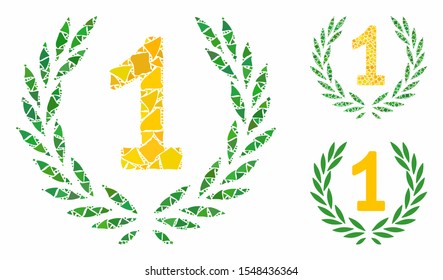 First laurel wreath composition of ragged pieces in various sizes and shades, based on first laurel wreath icon. Vector abrupt pieces are combined into composition.