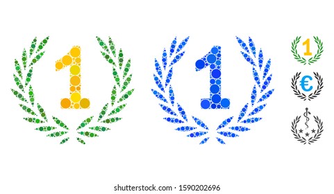 First laurel wreath mosaic of filled circles in different sizes and color hues, based on first laurel wreath icon. Vector filled circles are united into blue mosaic.