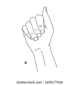 A is the first letter of the alphabet in sign language. Vector graphic isolated image of a hand with fingers clenched into a fist. Black and white drawing of a hand. The language of the deaf