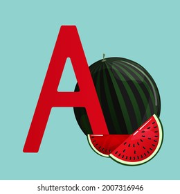 The first letter of the Cyrillic alphabet. An image of a watermelon. A bright picture for the alphabet for young children.